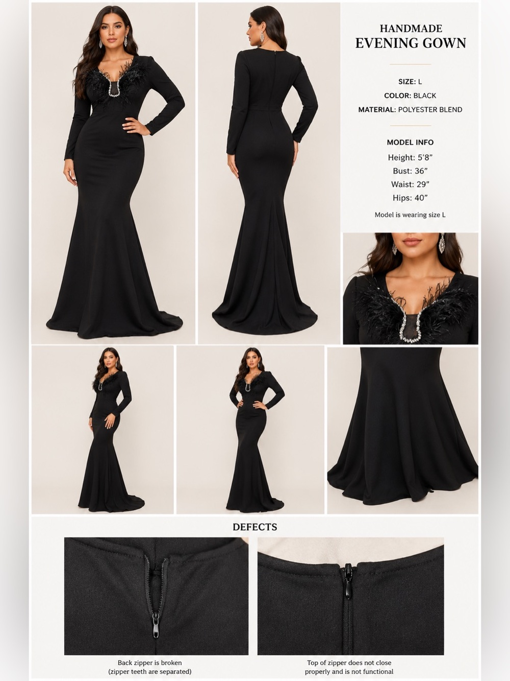 Handmade Black Mermaid Maxi Gown Feather & Rhinestone Neckline Size M/L –